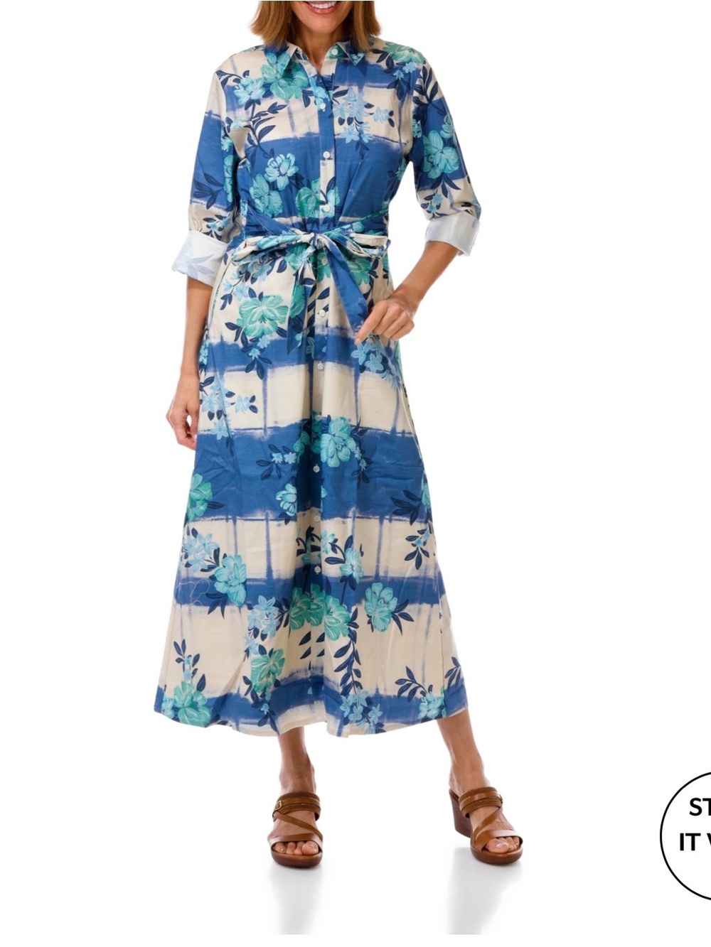 Spartina 449 Blue and Cream Floral Tie-Waist Maxi Shirt Dress